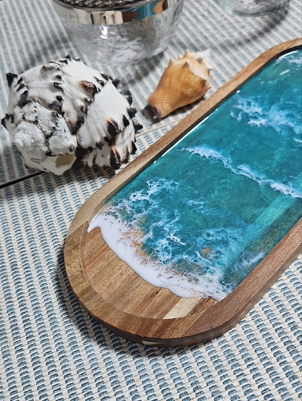 Teal Ocean Resin Acacia Wood Tray - Decorative Home Accent - Picture 11 of 11